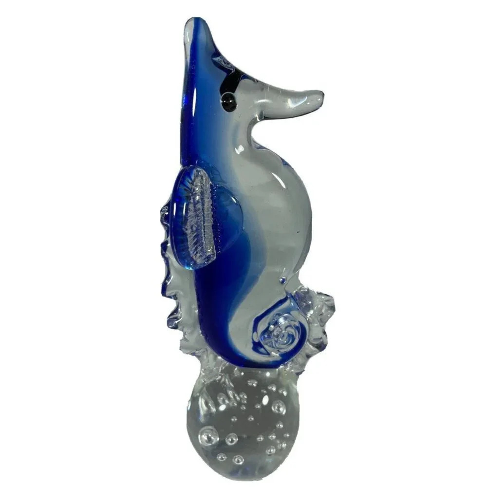 Hand Blown Art Glass Seahorse Bubble Ball Cobalt Blue Clear Nautical Paperweight